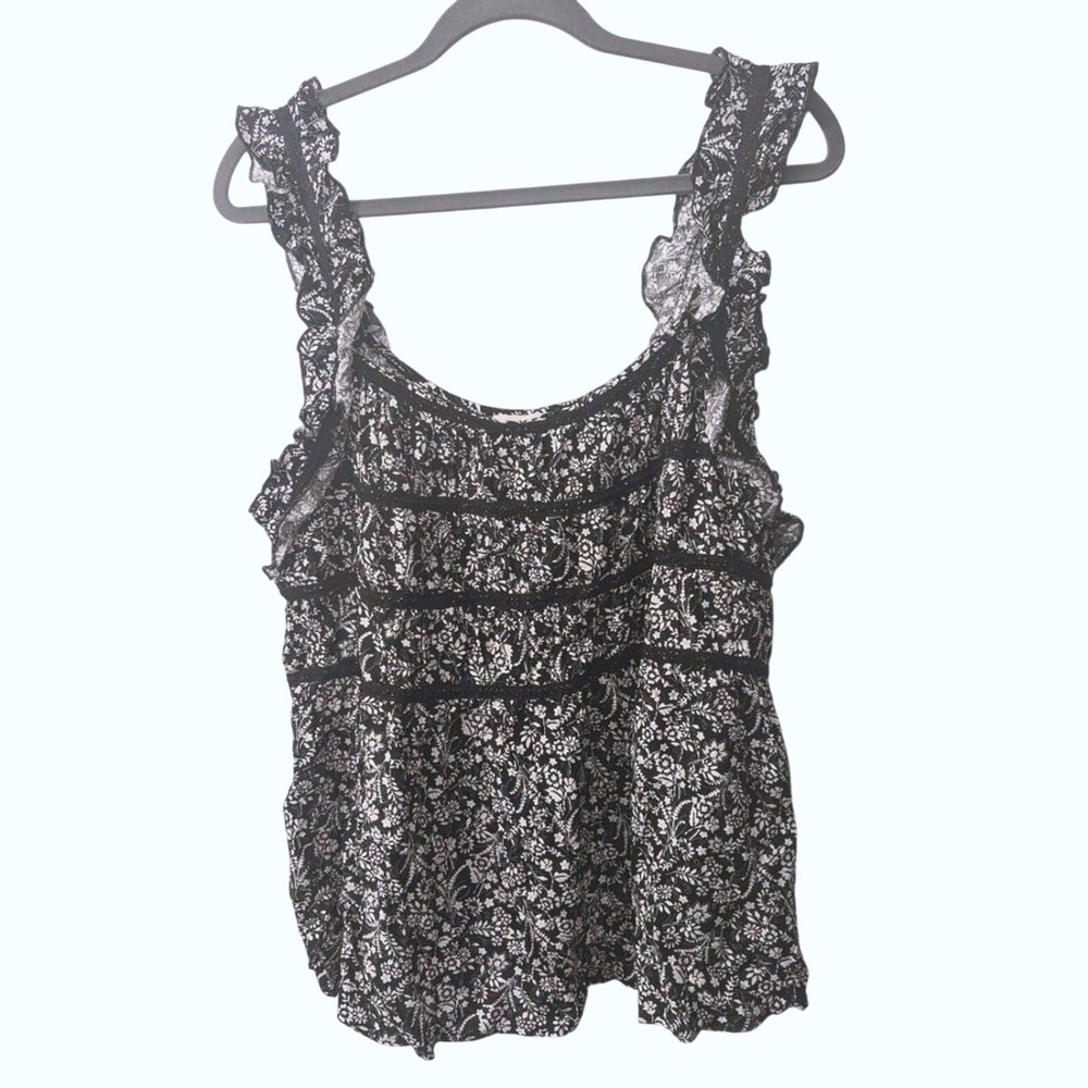 Maurices Tank Top Shirt Plus Size 0 0X Black White Boho Babydoll Ruffled NWT